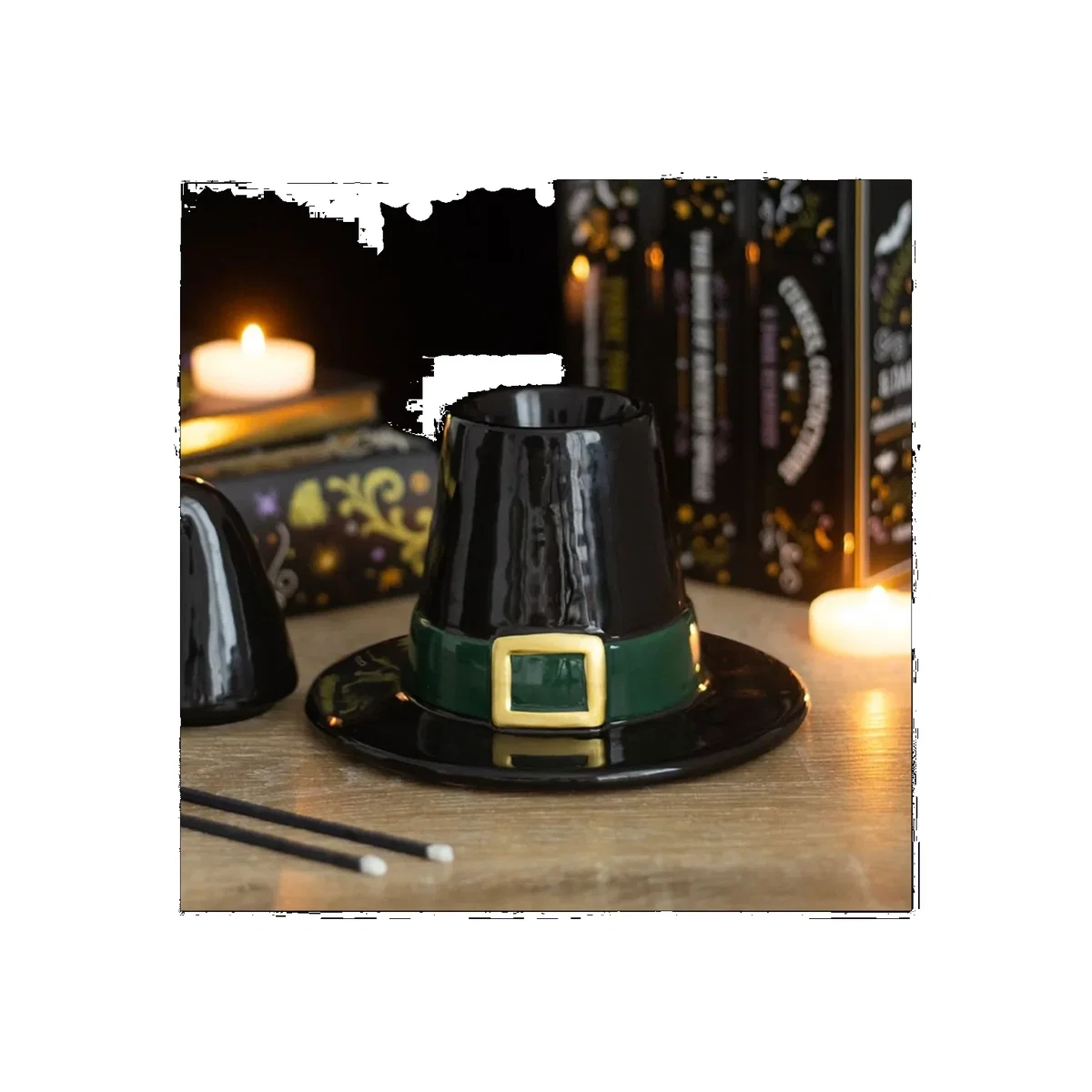 Black Witch Hat Oil Burner with Removable Lid and Green Buckle - Black – image 1