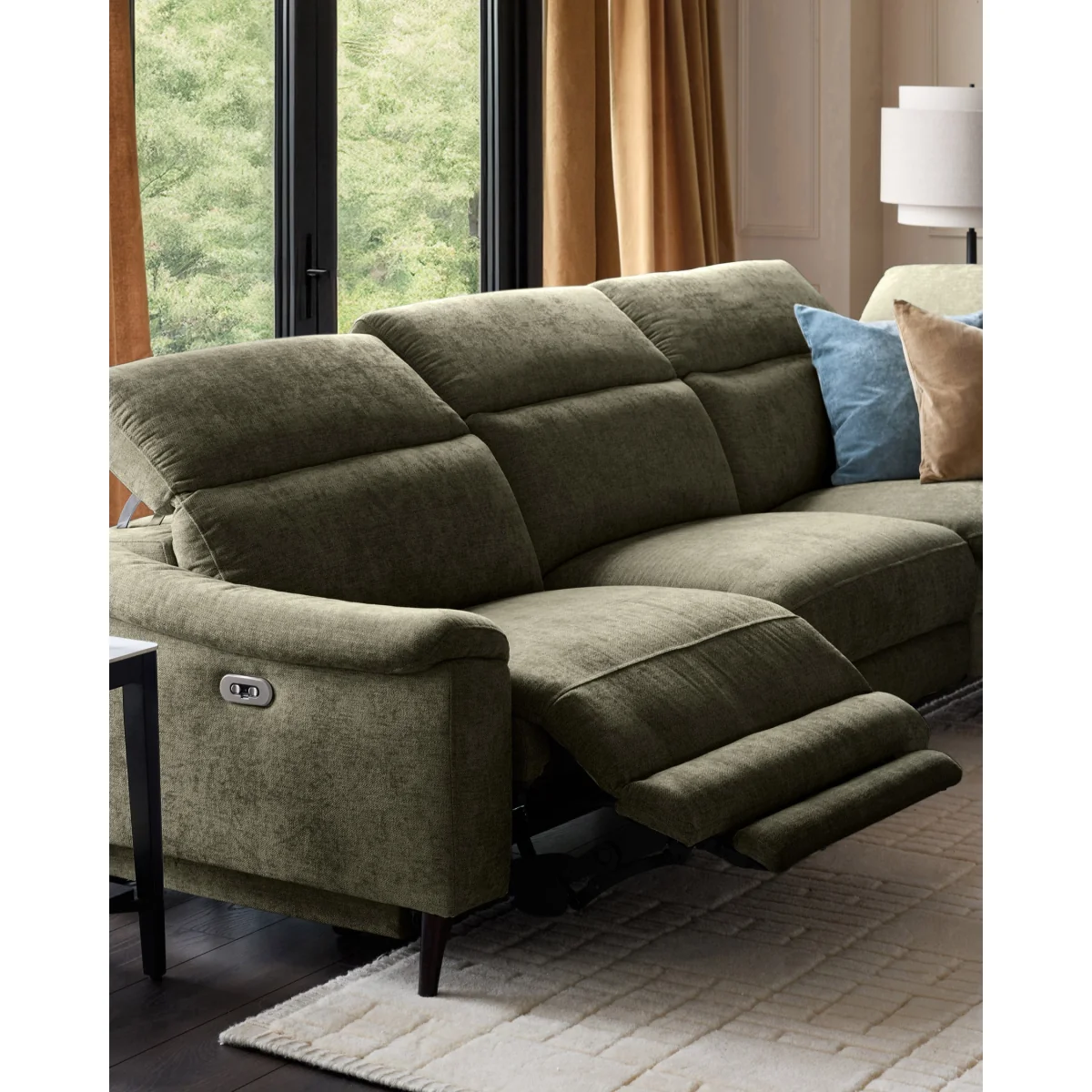 Serene dark green fabric large right hand corner chaise recliner sofa – image 3