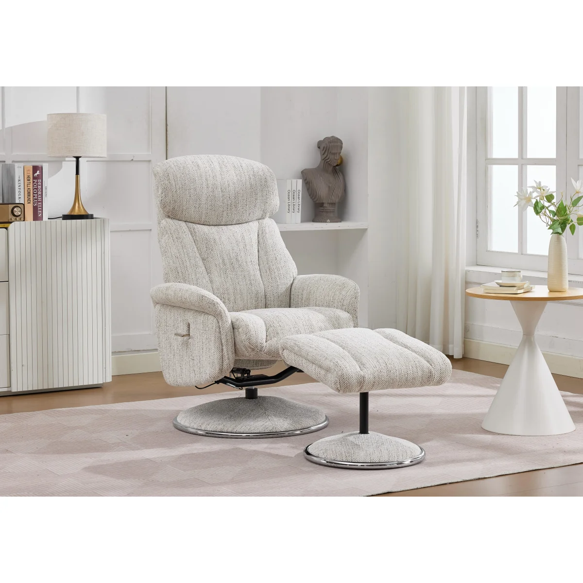Elm Fabric Swivel Recliner Chair and Footstool – image 2