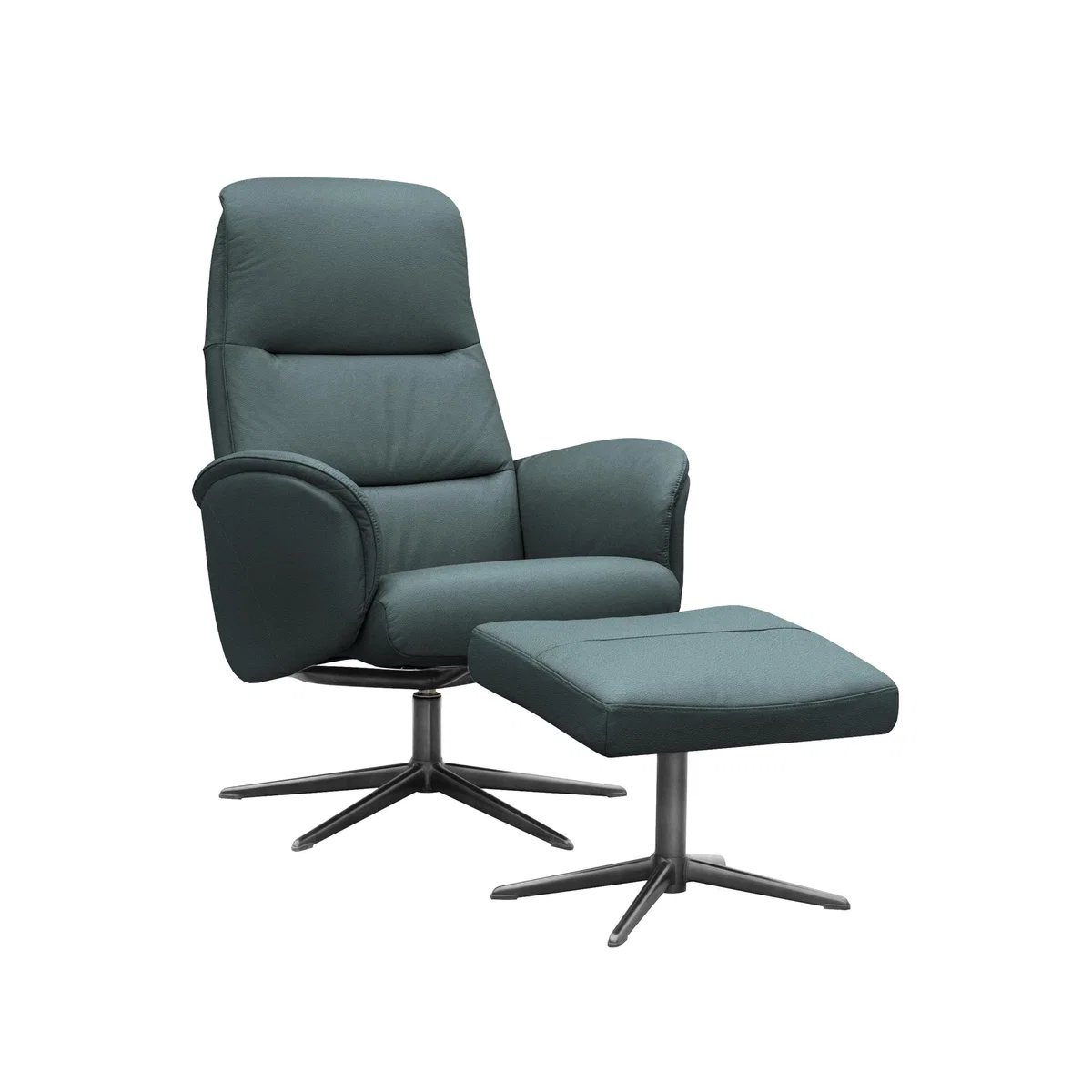 G Plan - Falum Leather Swivel Recliner Chair and Footstool with Black Base - Cambridge Petrol Blue