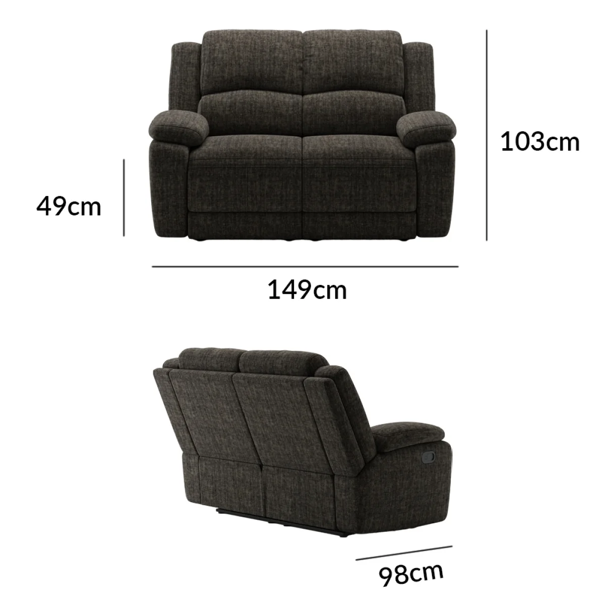Lawrence Charcoal Fabric 2 Seater Recliner Sofa – image 12