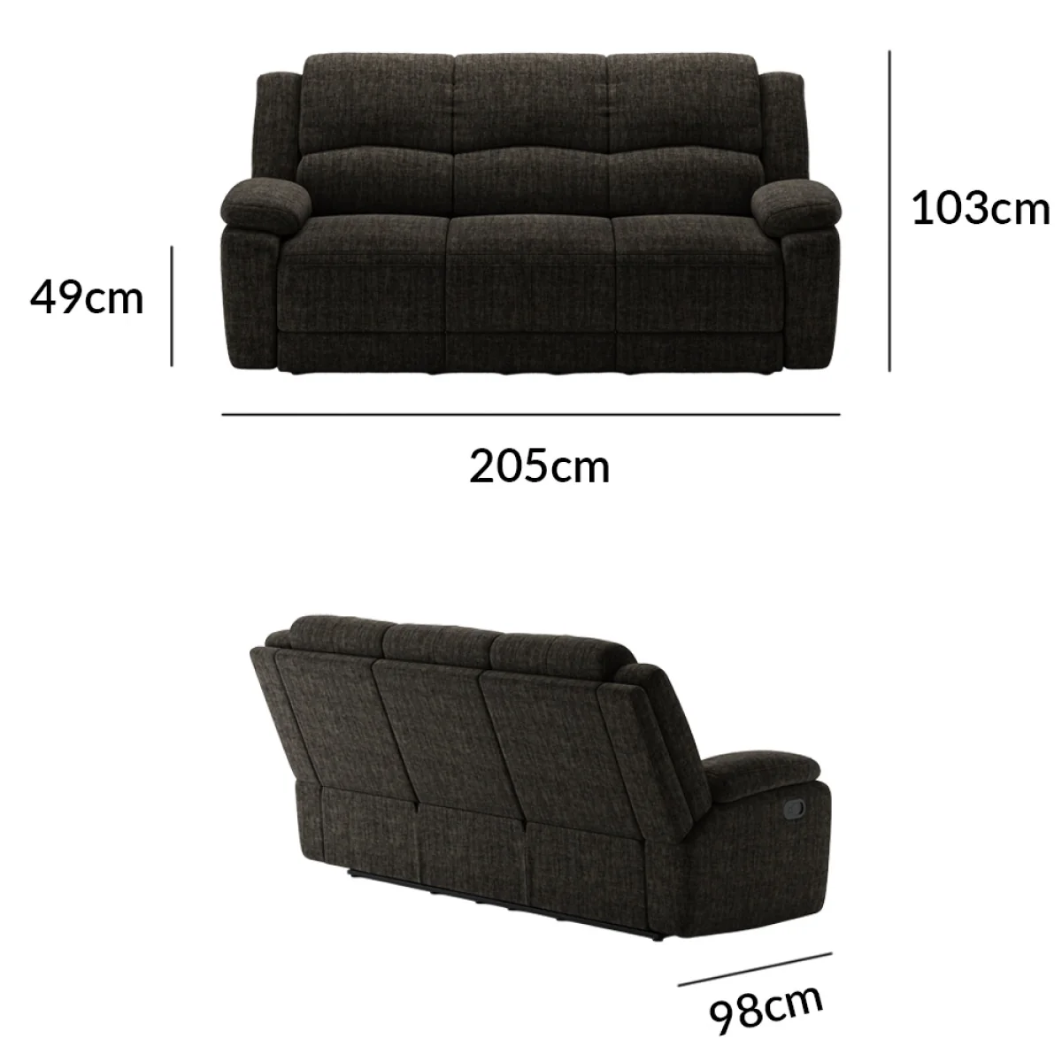 Lawrence Charcoal Fabric 3 Seater Recliner Sofa – image 9