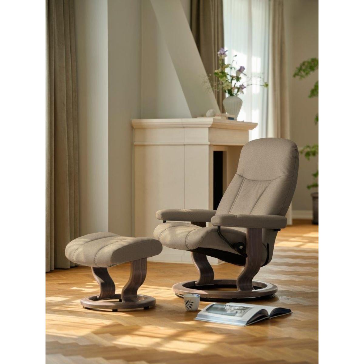 Stressless Consul Medium Chair and Footstool With Classic Base - Calido Light Beige Fabric/Smoked Oak – image 2