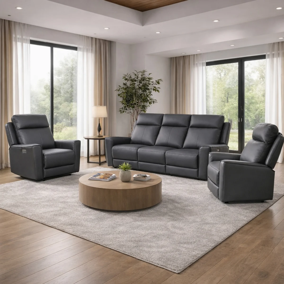 Rivington Real Leather Power Recliner 3 + 1 + 1 Sofa Set with USB Charging - Slate – image 18