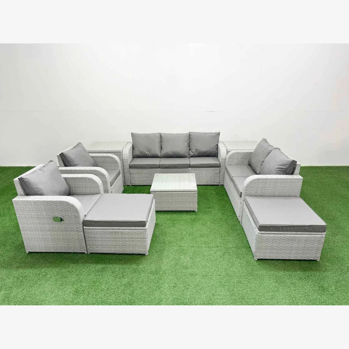 Fimous PE Rattan Garden Sofa Set Light Grey, 9-Seat, Adjustable Recliners, Tempered Glass Table. - Light Grey – image 1