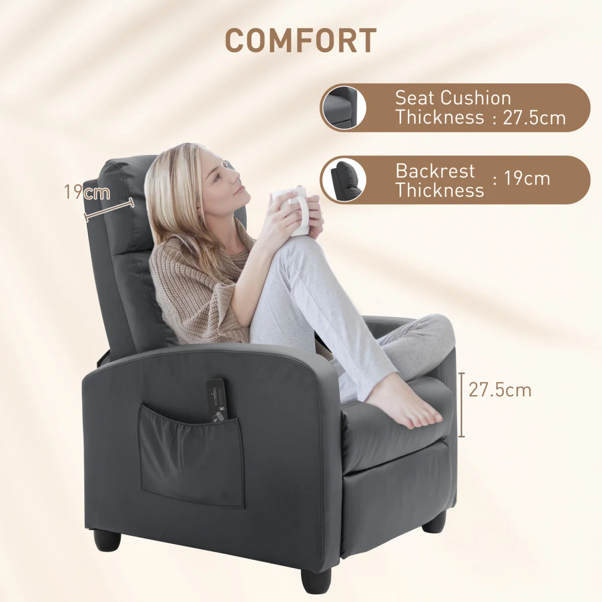 HOMCOM Recliner Sofa Chair PU Leather Massage Armcair - Grey – image 5