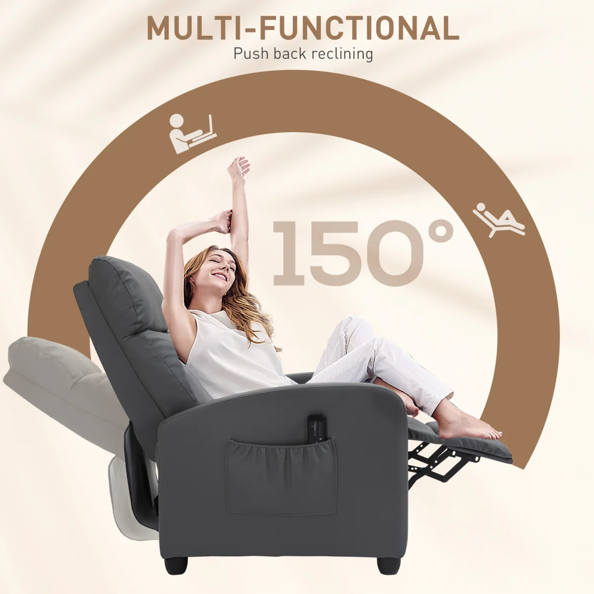 HOMCOM Recliner Sofa Chair PU Leather Massage Armcair - Grey – image 6