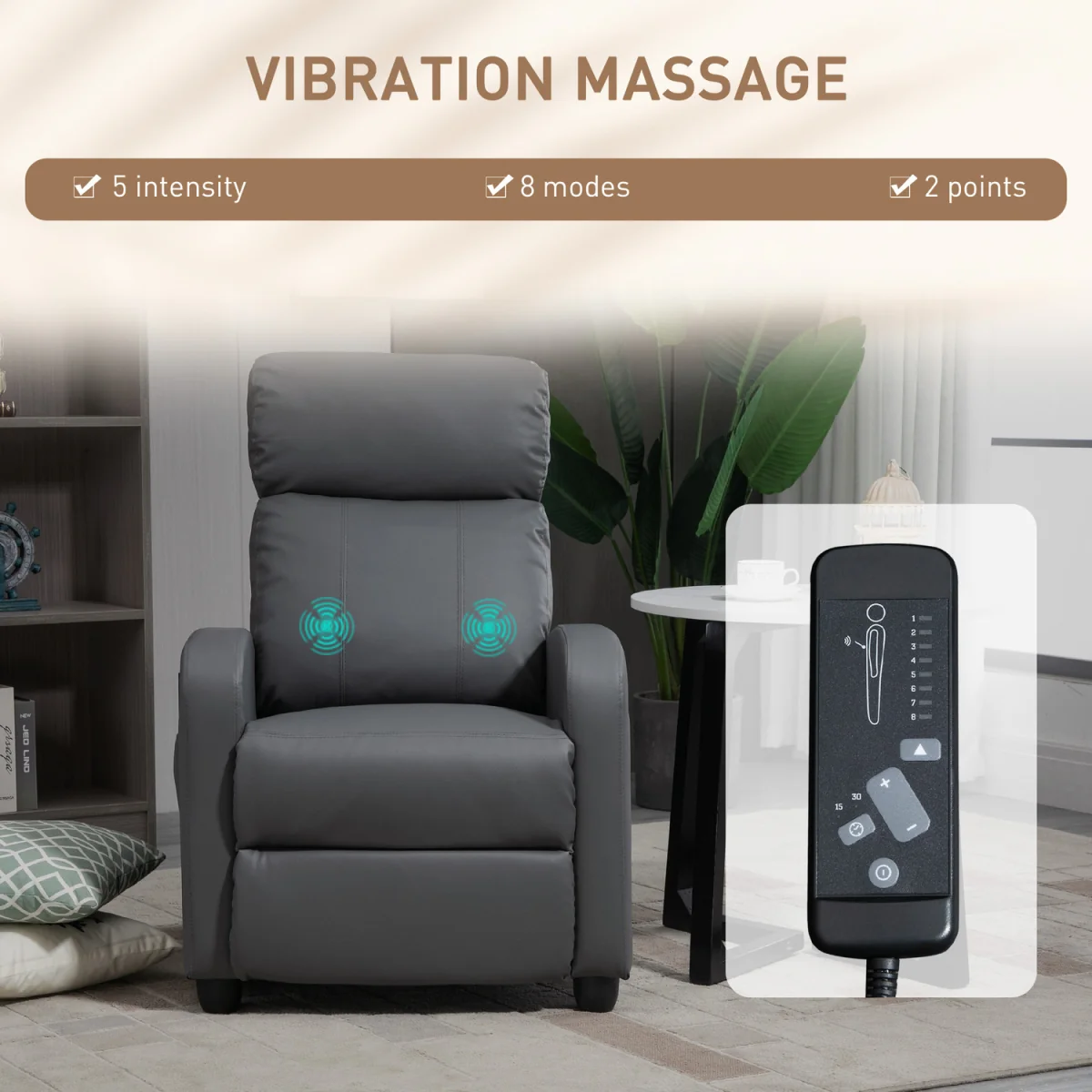 HOMCOM Recliner Sofa Chair PU Leather Massage Armcair - Grey – image 7
