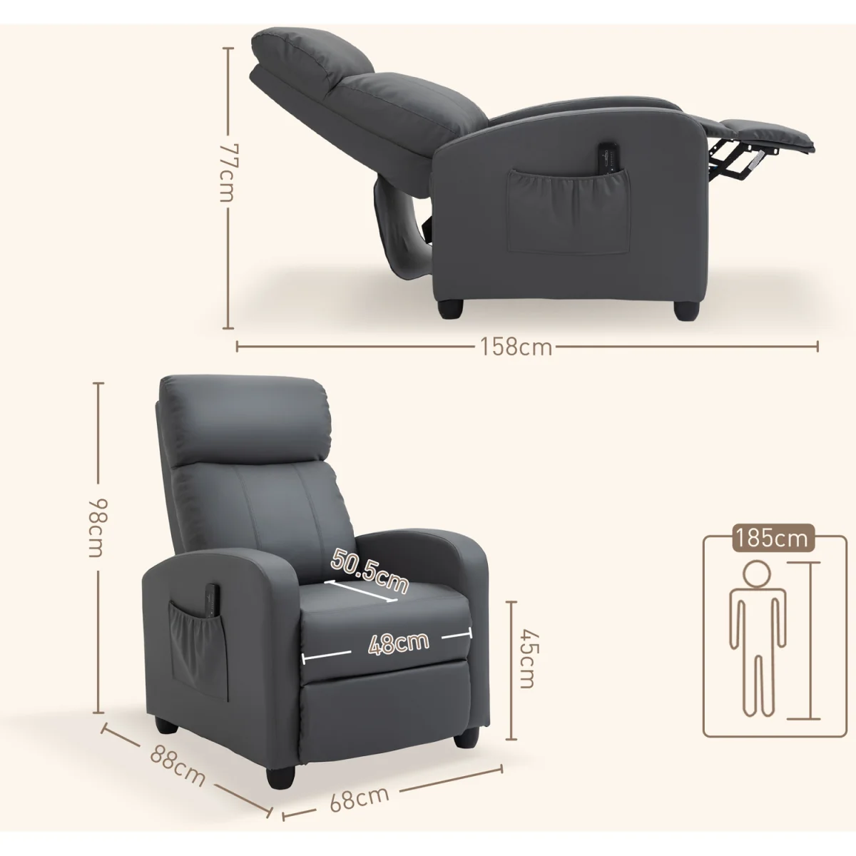 HOMCOM Recliner Sofa Chair PU Leather Massage Armcair - Grey – image 8