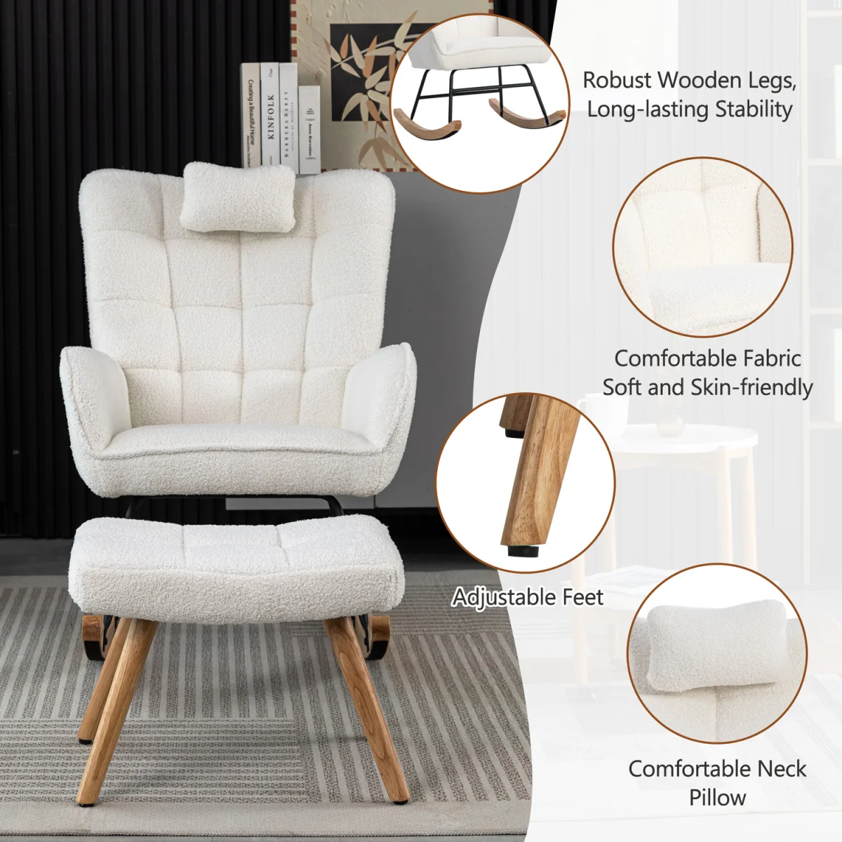 Rocking Recliner Lounge Chair with Cushion - White – image 7
