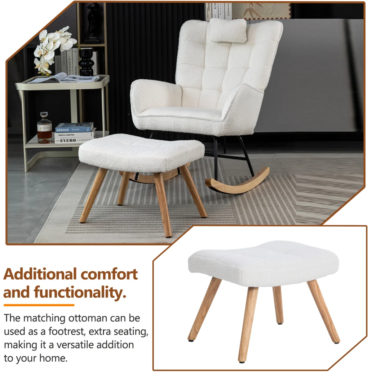 Rocking Recliner Lounge Chair with Cushion - White – image 8