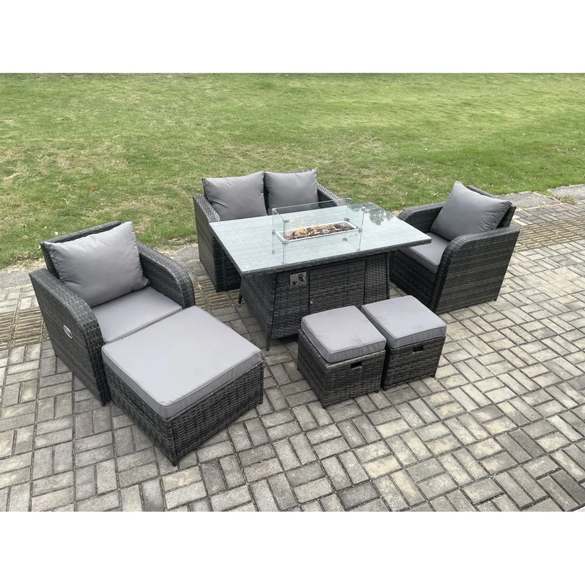 Fimous 7-Piece Rattan Garden Set with Gas Fire Pit Table, Love Sofa, 2 Recliners & 3 Footstools - Dark Grey – image 2
