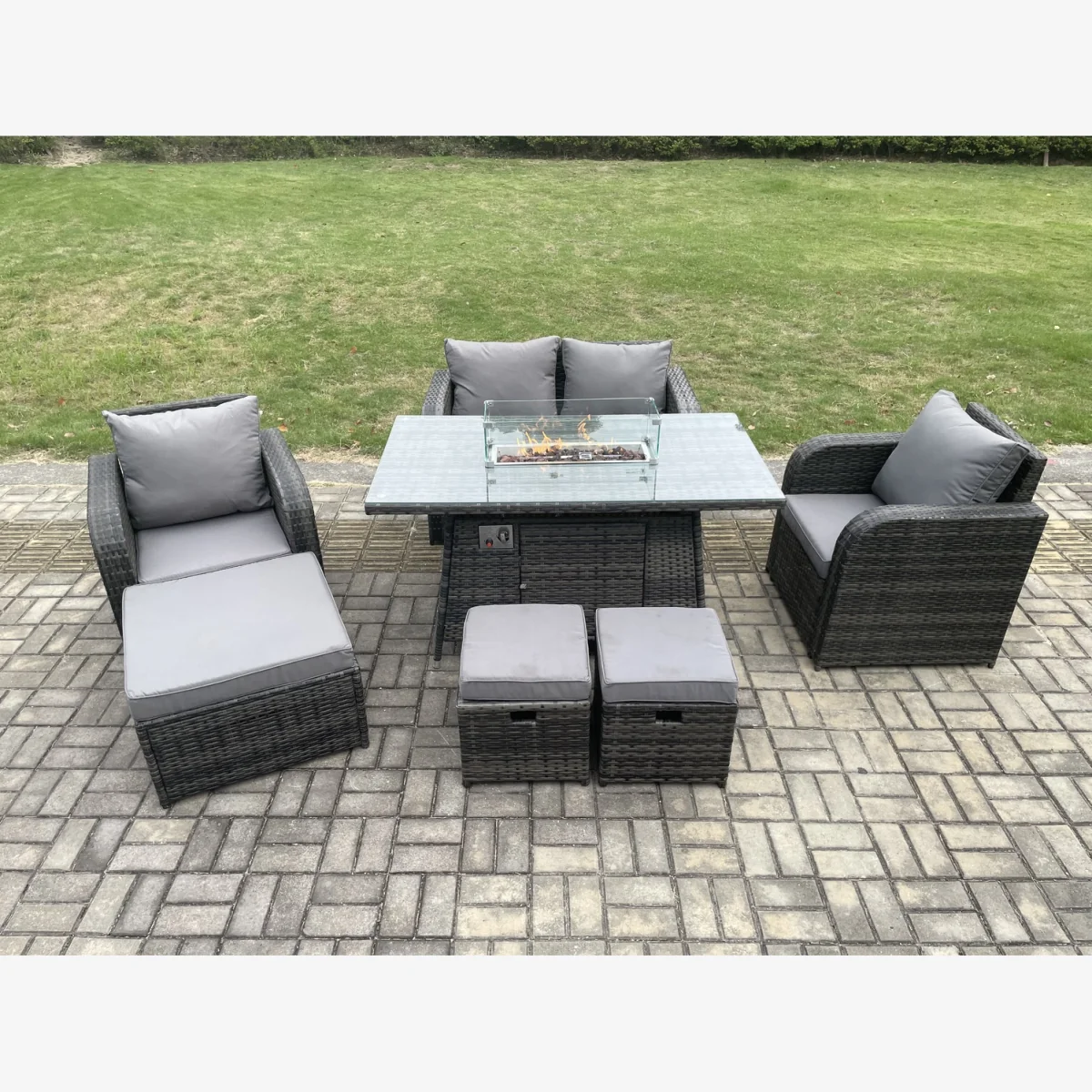 Fimous 7-Piece Rattan Garden Set with Gas Fire Pit Table, Love Sofa, 2 Recliners & 3 Footstools - Dark Grey – image 1