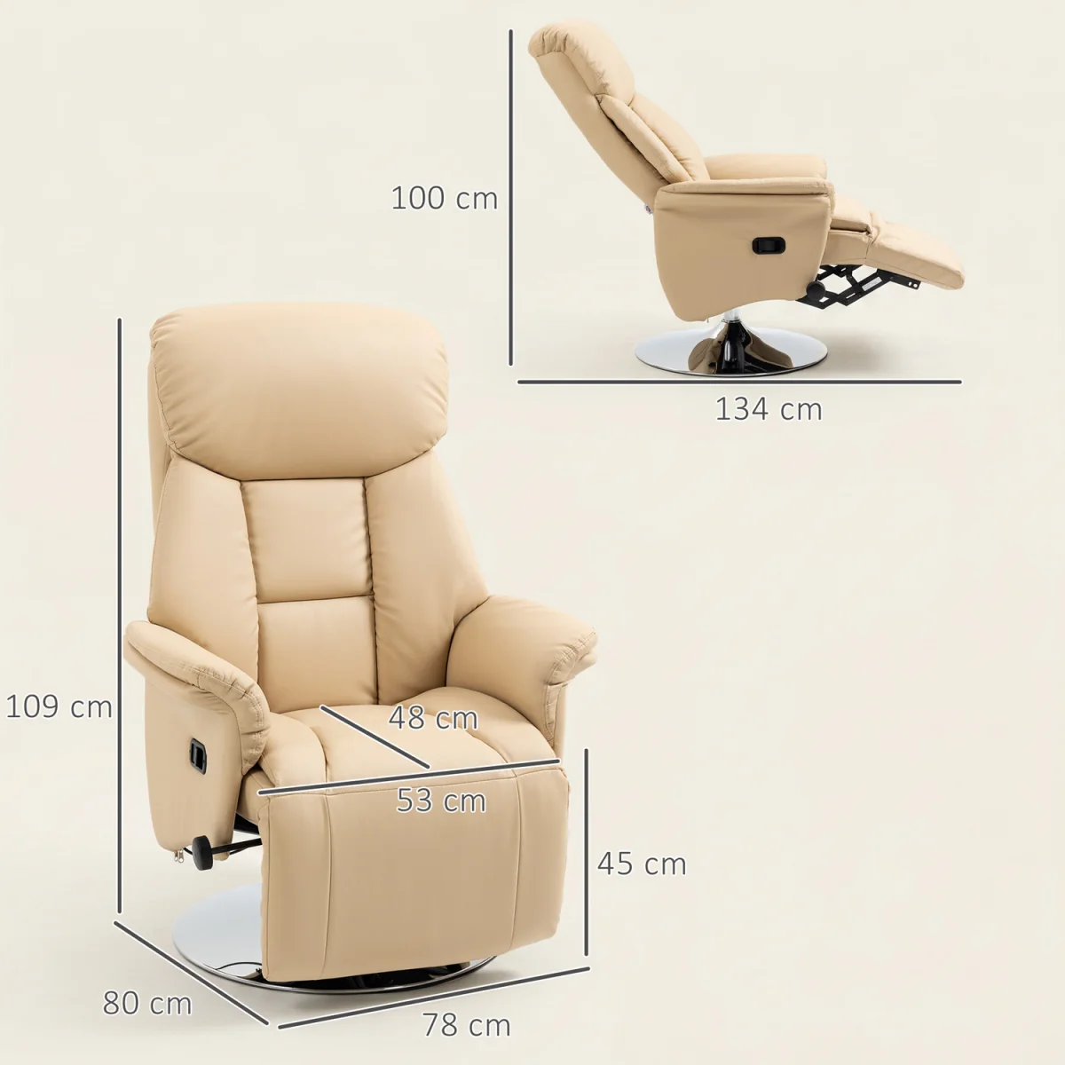 HOMCOM Adjustable Swivel Recliner with Footrest Padded Arms - Beige – image 8
