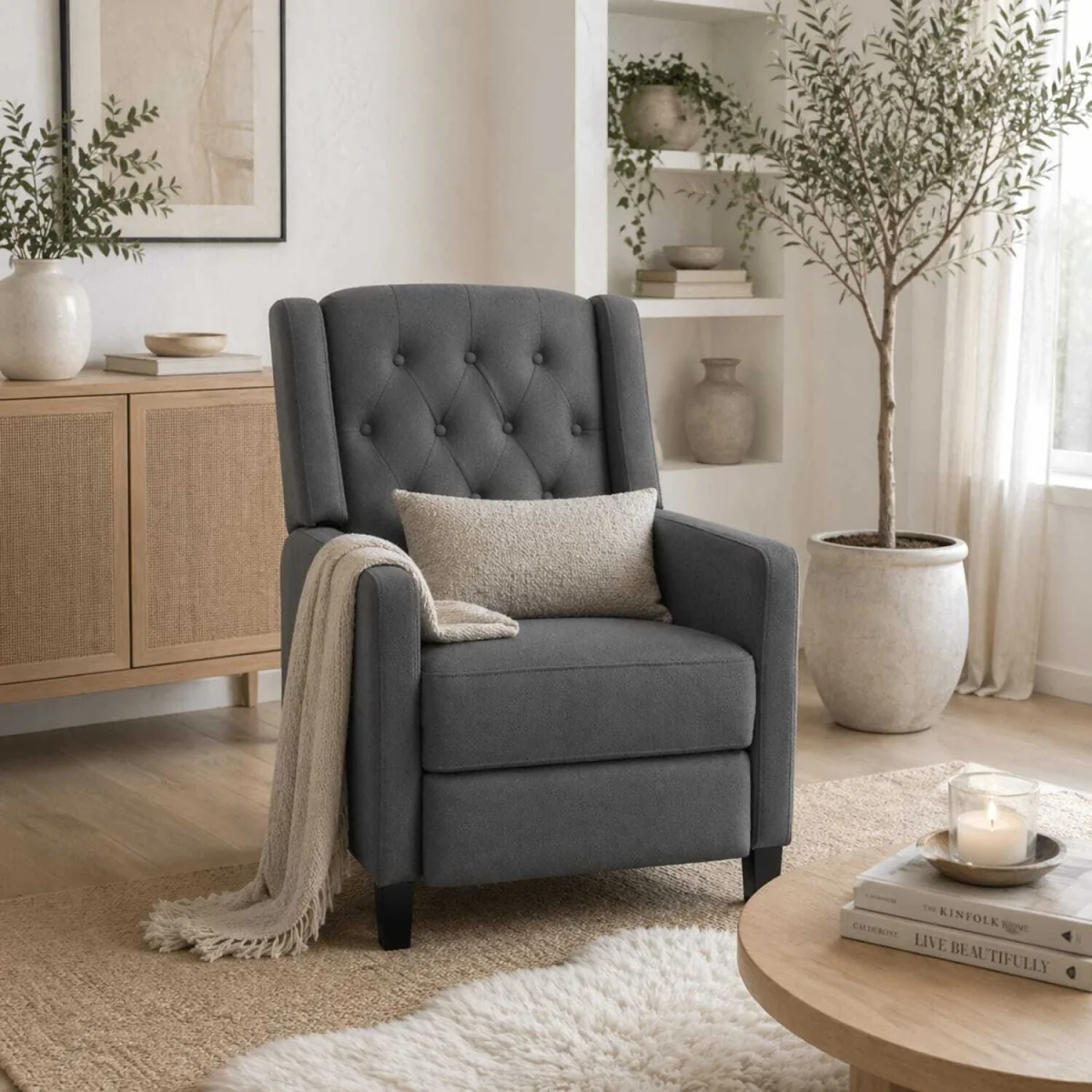 Lino Microfibre Deep Grey Button-Tufted Recliner Armchair with Leg Rest – image 2