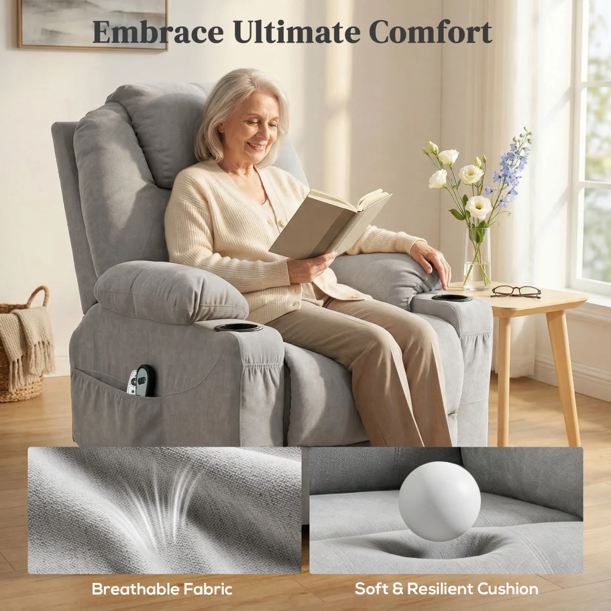 HOMCOM Riser and Recliner Chair with Heat - Light Grey – image 5