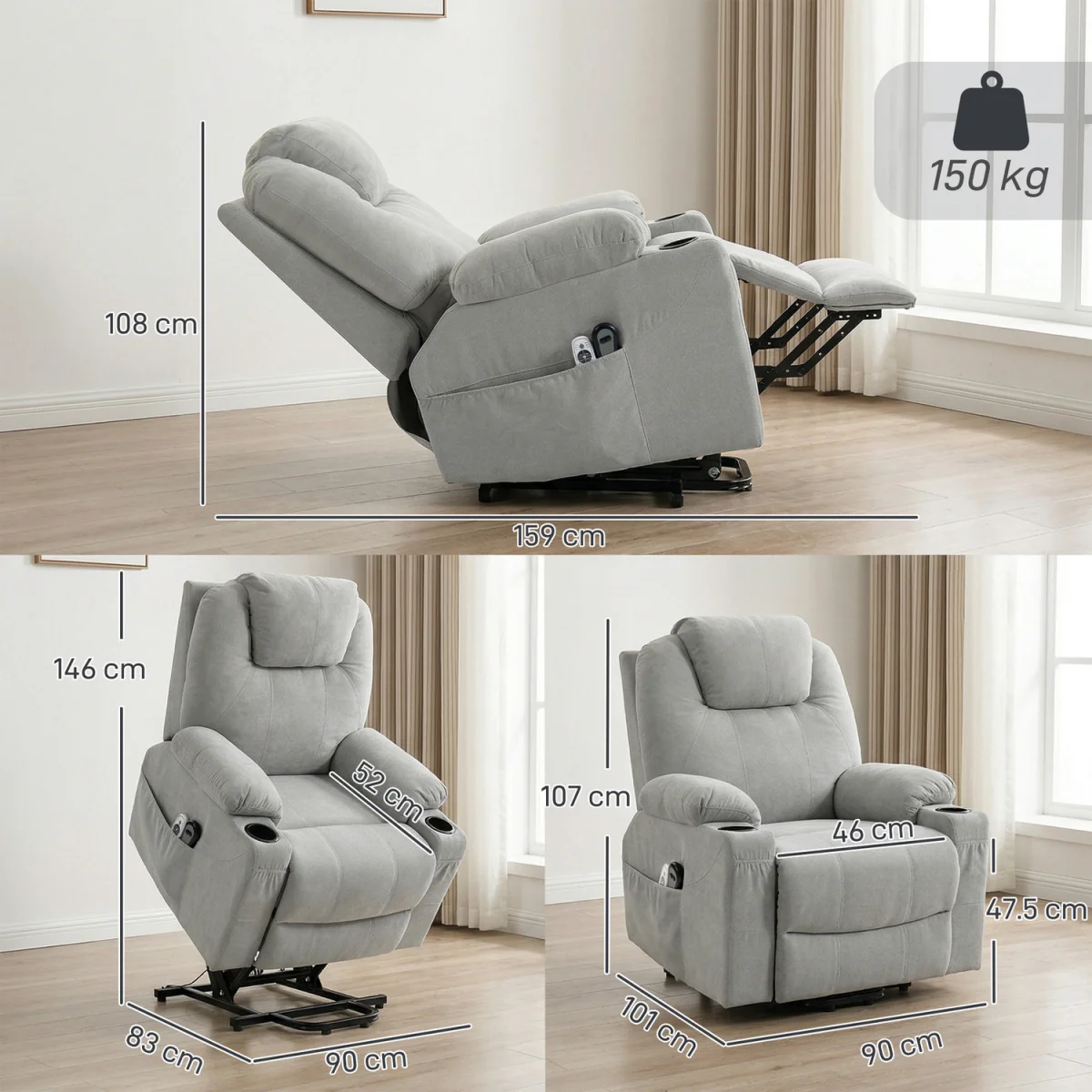 HOMCOM Riser and Recliner Chair with Heat - Light Grey – image 8