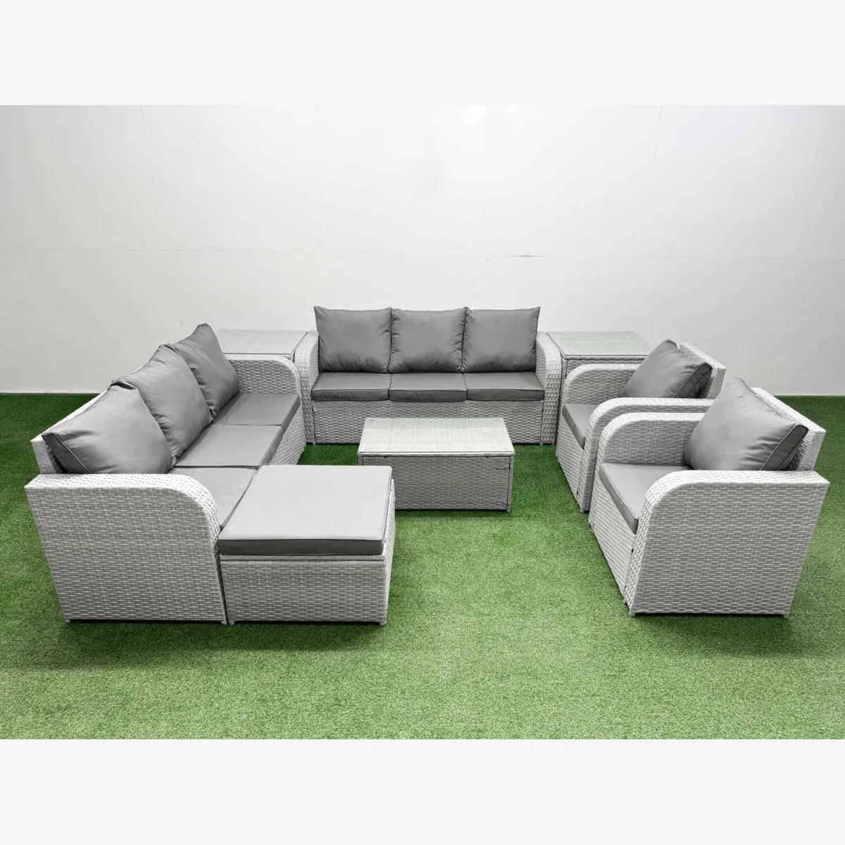 Fimous PE Rattan High-Back Set: Recliners, 3-Seater & Glass Table, Light Grey - Light grey mixed rattan with dark grey fabric – image 1