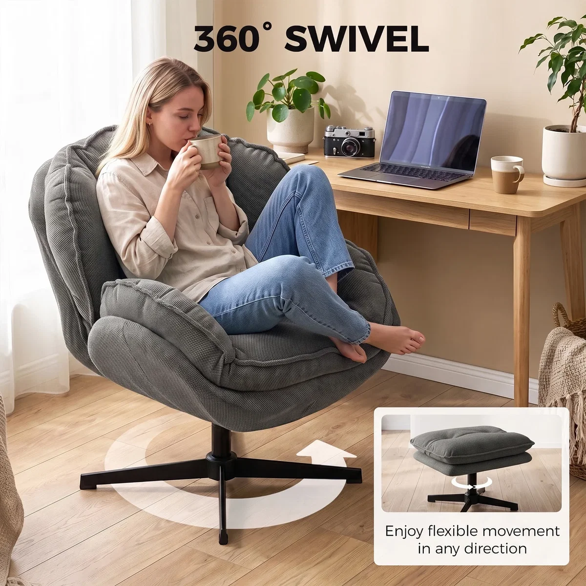 HOMCOM Armchair with Footstool, 360-Degree Swivel Accent Chair - Grey – image 2
