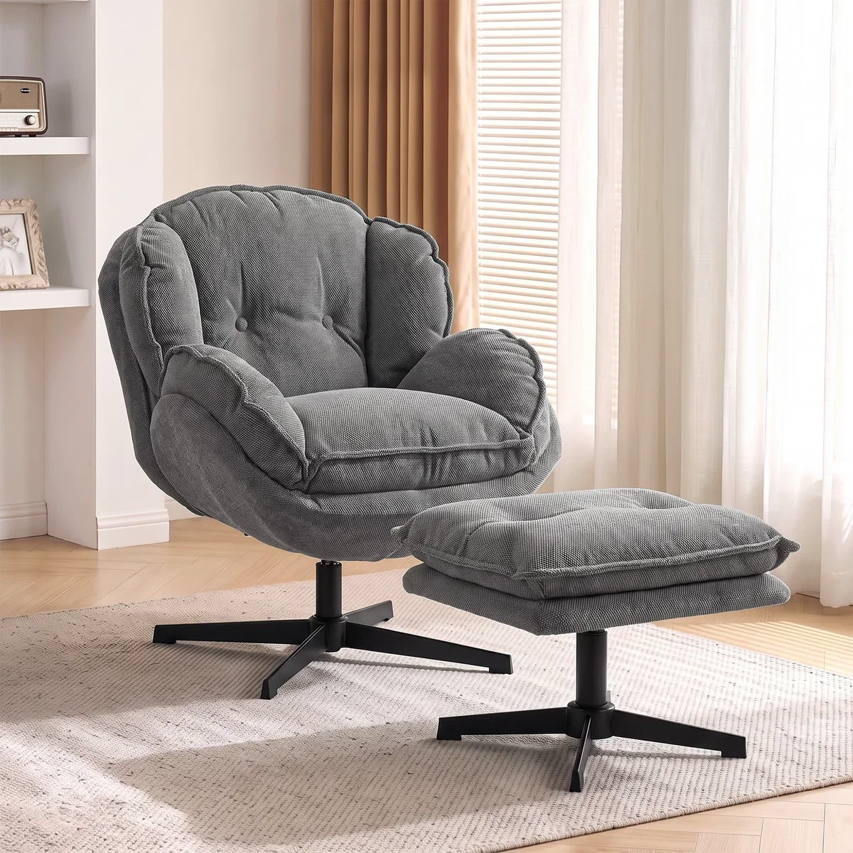 HOMCOM Armchair with Footstool, 360-Degree Swivel Accent Chair - Grey – image 1