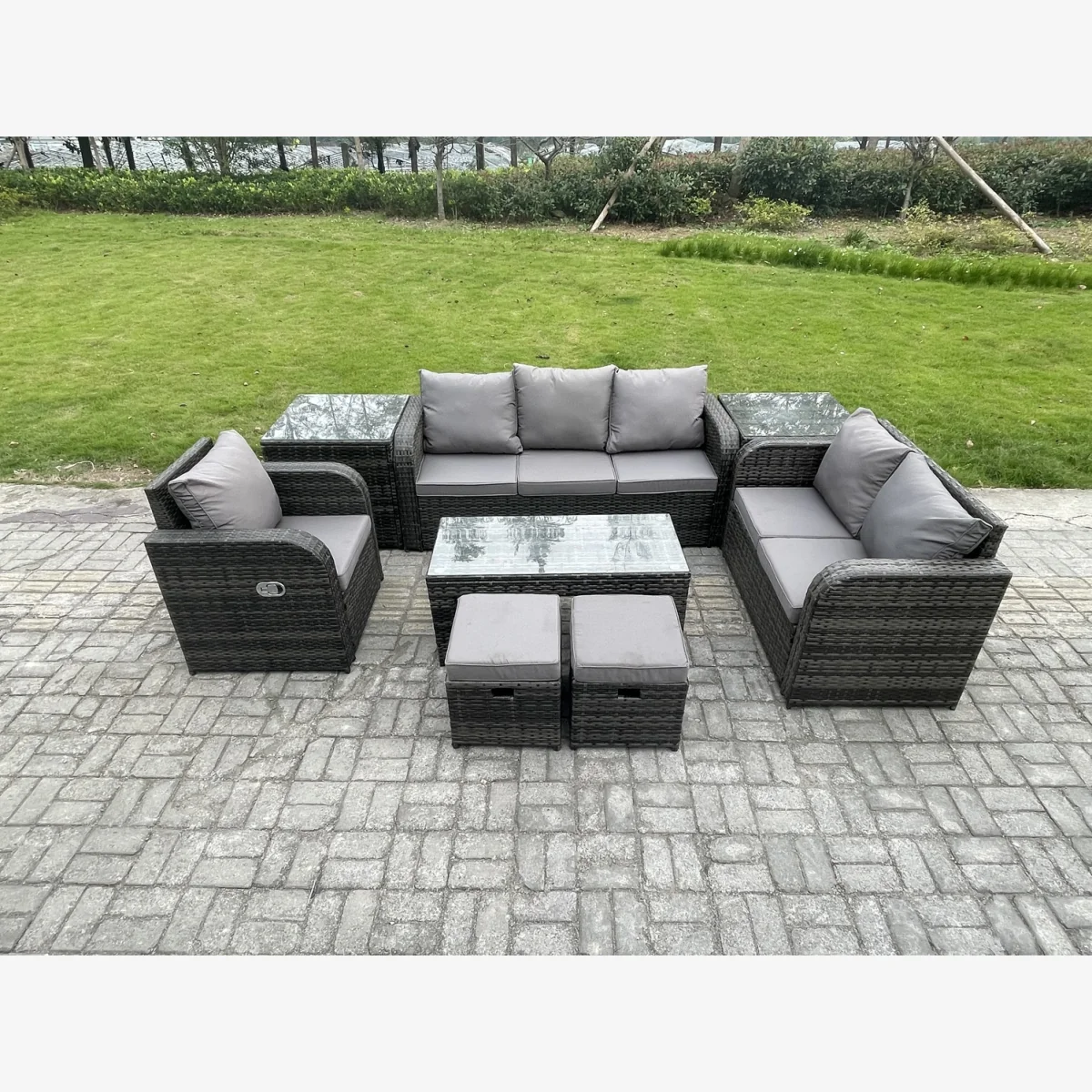 8-Seat High-Back Modular Set w/ Recliner & Tables - Dark Grey Mixed – image 1