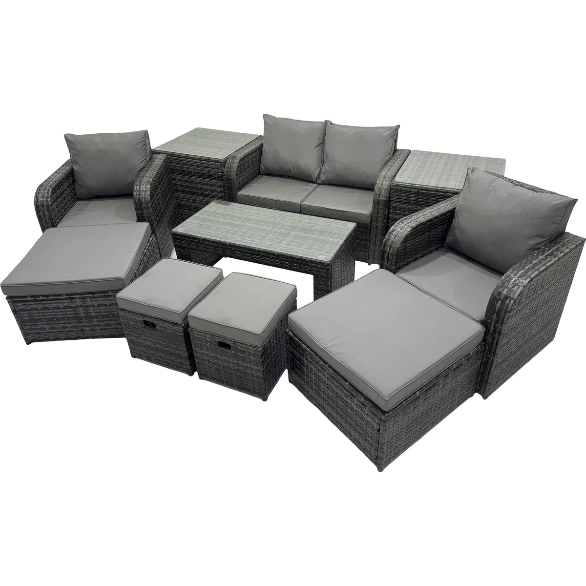 Fimous 8-Seat Rattan Garden Set - 3-Seater & 2 Recliners - Dark Grey Mixed rattan with dark grey fabric – image 3