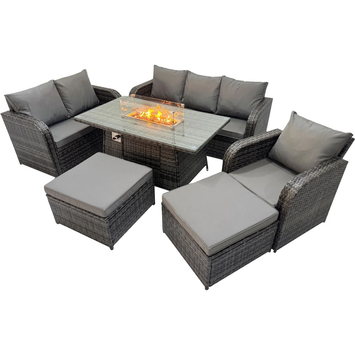 Fimous Rattan Fire Pit Dining Set, 3-Seater Love Sofa & Recliner, Dark Grey - Dark Grey Mixed – image 4
