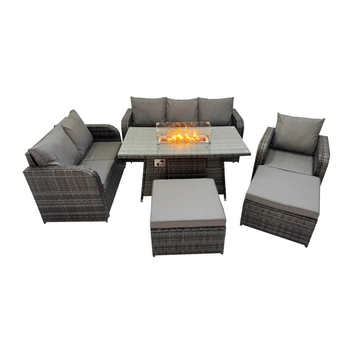 Fimous Rattan Fire Pit Dining Set, 3-Seater Love Sofa & Recliner, Dark Grey - Dark Grey Mixed – image 1