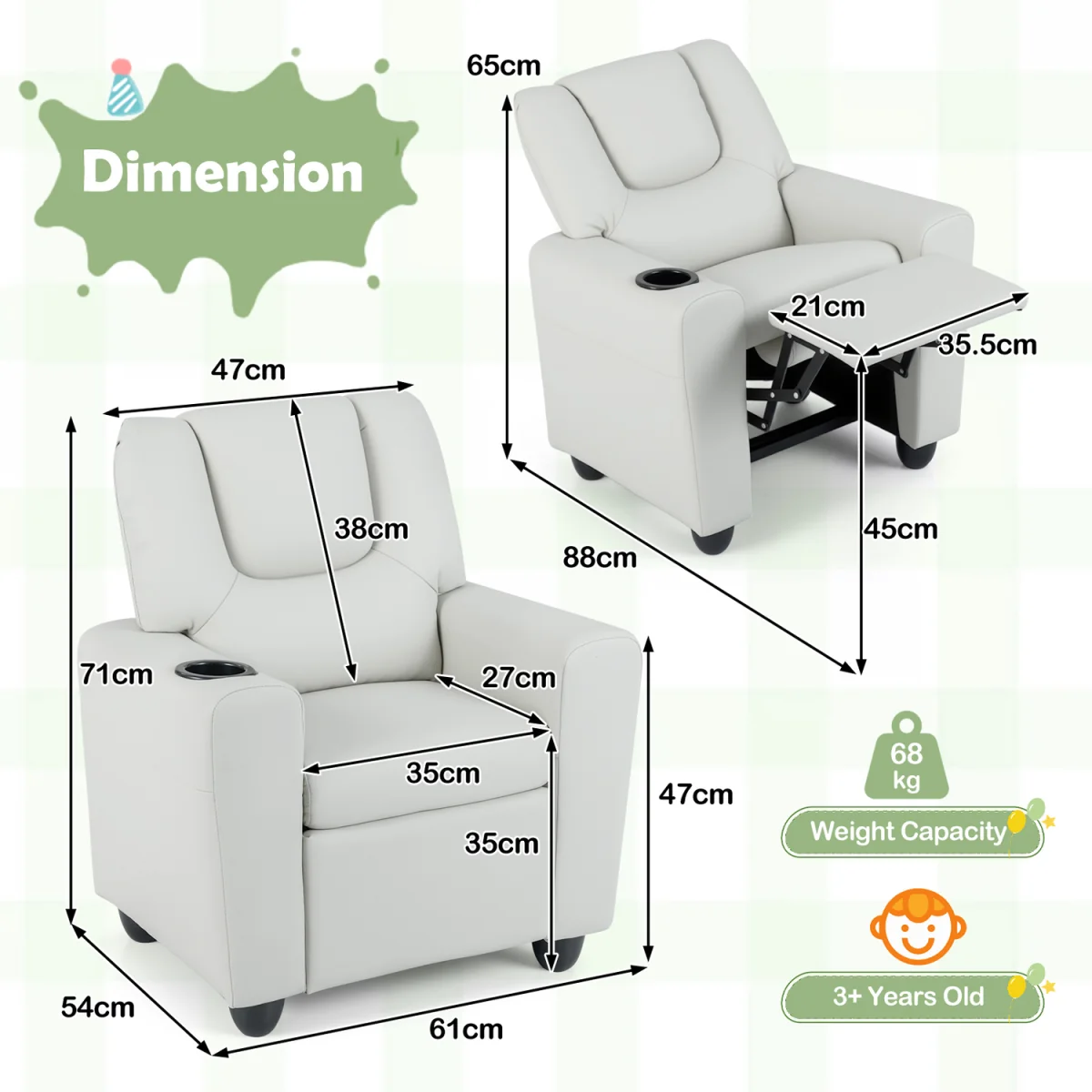 Kids Recliner with Cup Holder - White – image 3