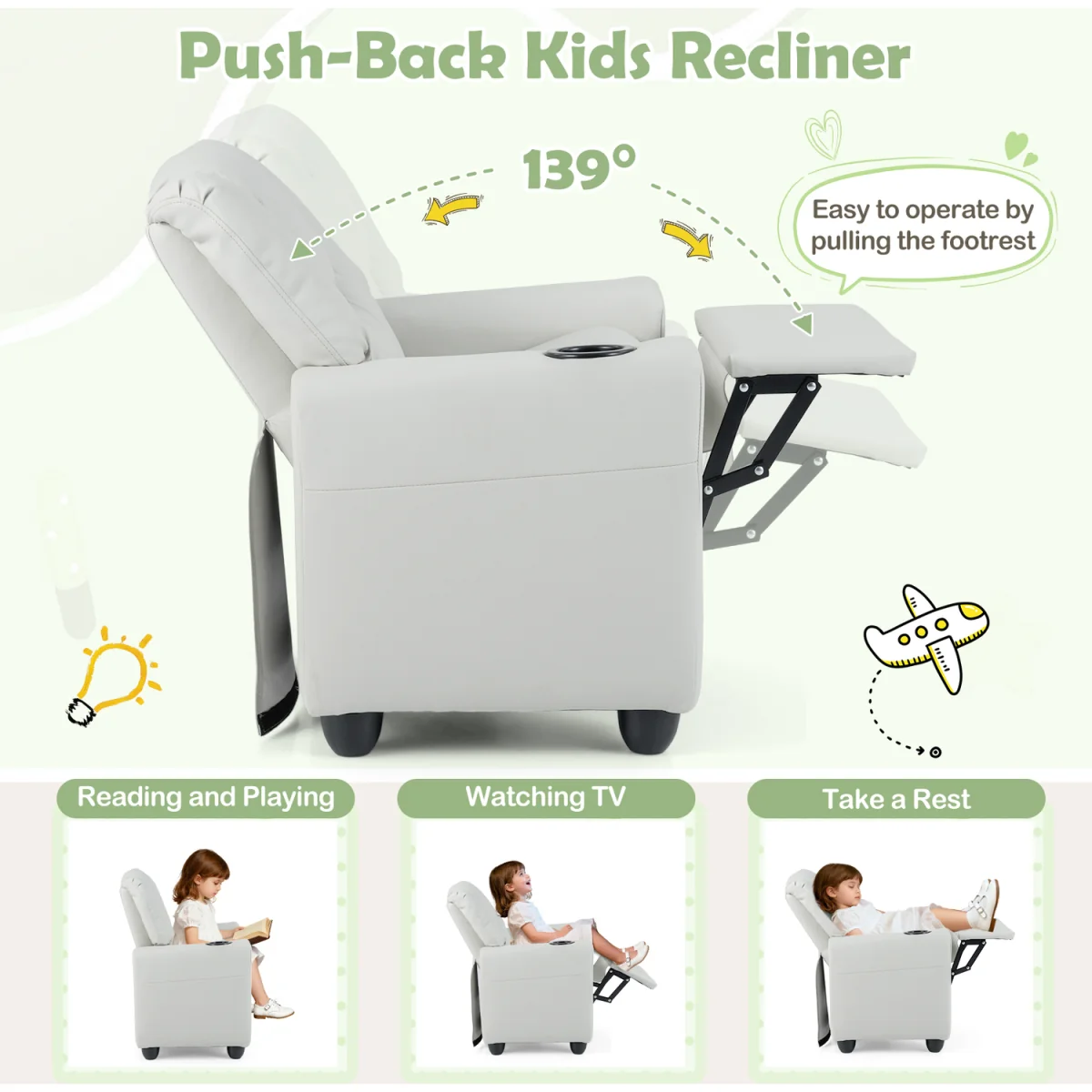 Kids Recliner with Cup Holder - White – image 4