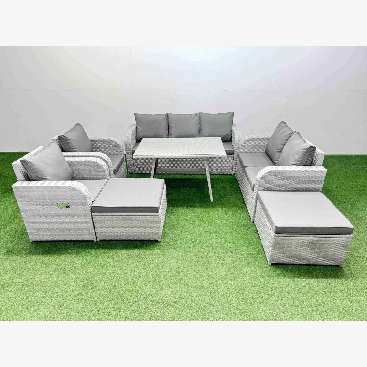Fimous PE Rattan Sofa & Recliner Set with Tempered Glass Table, Light Grey - Light grey rattan + dark grey fabric – image 1