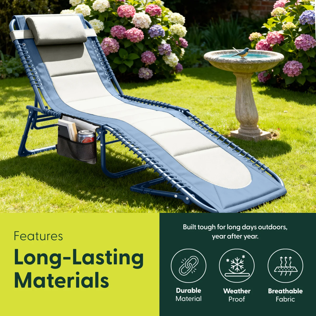 Keplin Foldable Sun Lounger Chair - Colour Block Design, Padded Recliner - Blue – image 2