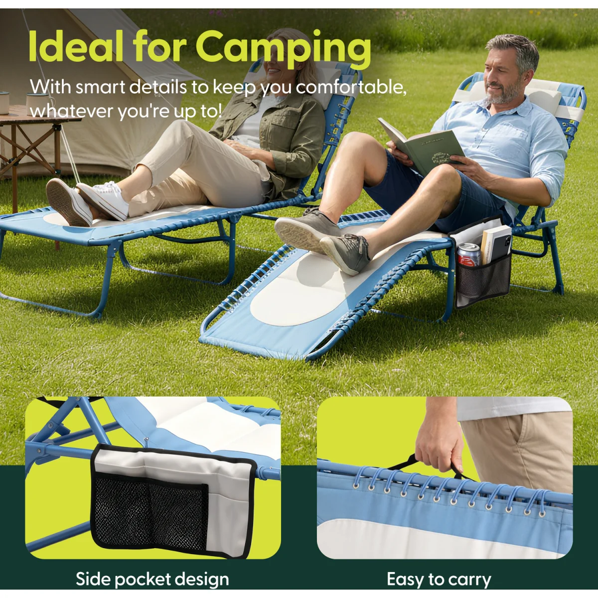 Keplin Foldable Sun Lounger Chair - Colour Block Design, Padded Recliner - Blue – image 4