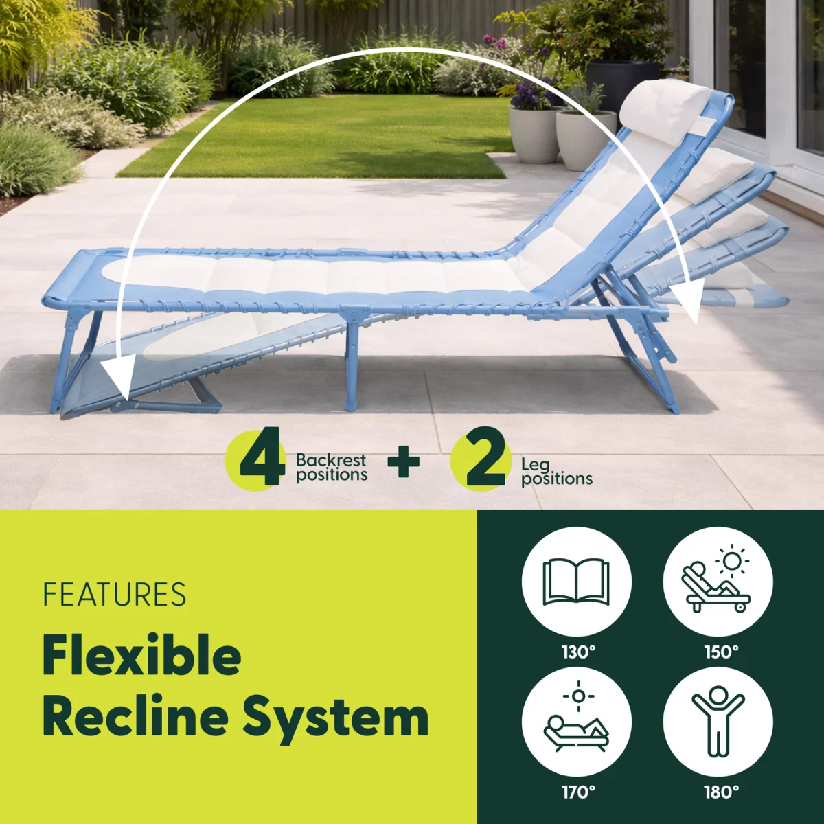 Keplin Foldable Sun Lounger Chair - Colour Block Design, Padded Recliner - Blue – image 6