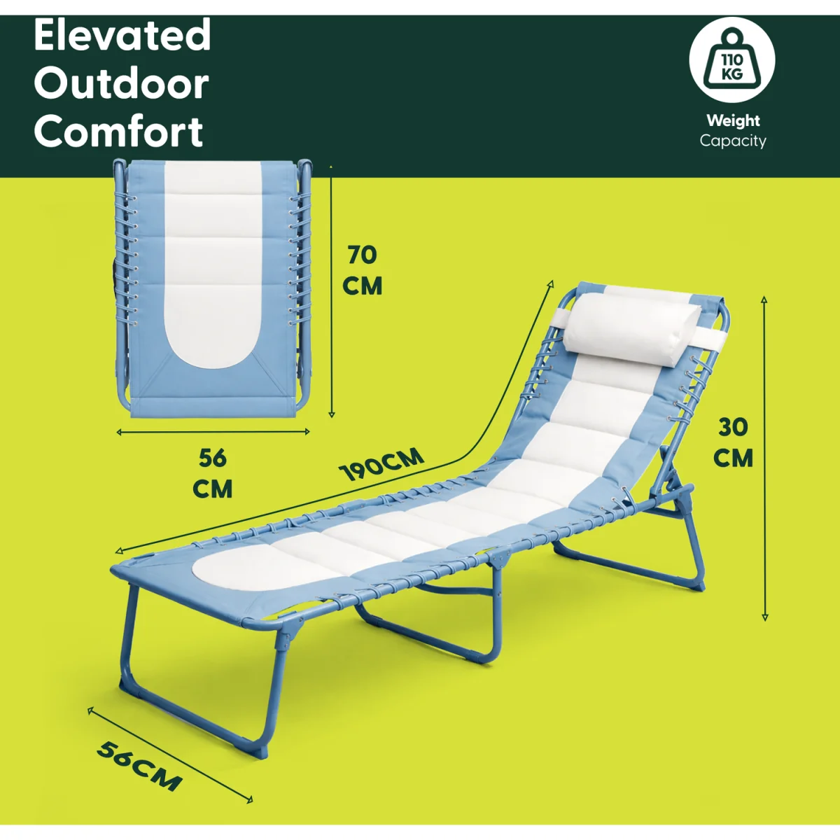 Keplin Foldable Sun Lounger Chair - Colour Block Design, Padded Recliner - Blue – image 7
