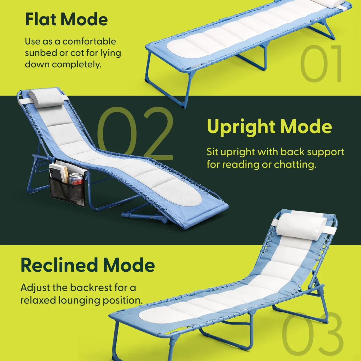 Keplin Foldable Sun Lounger Chair - Colour Block Design, Padded Recliner - Blue – image 8