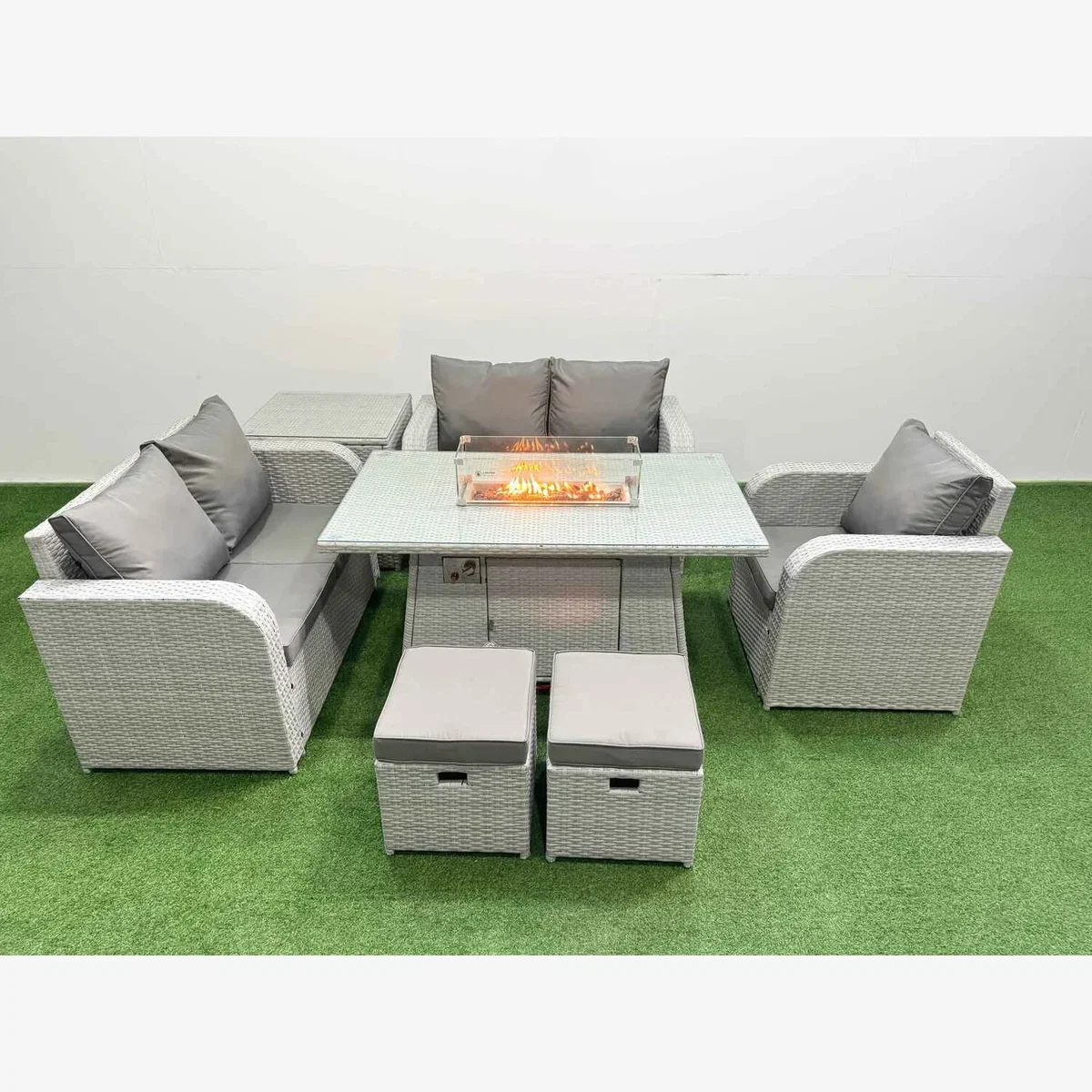 Fimous Poly Rattan Patio Set with Recliner Loveseat and Firepit Table Light Grey - Light grey rattan with dark grey fabric – image 1