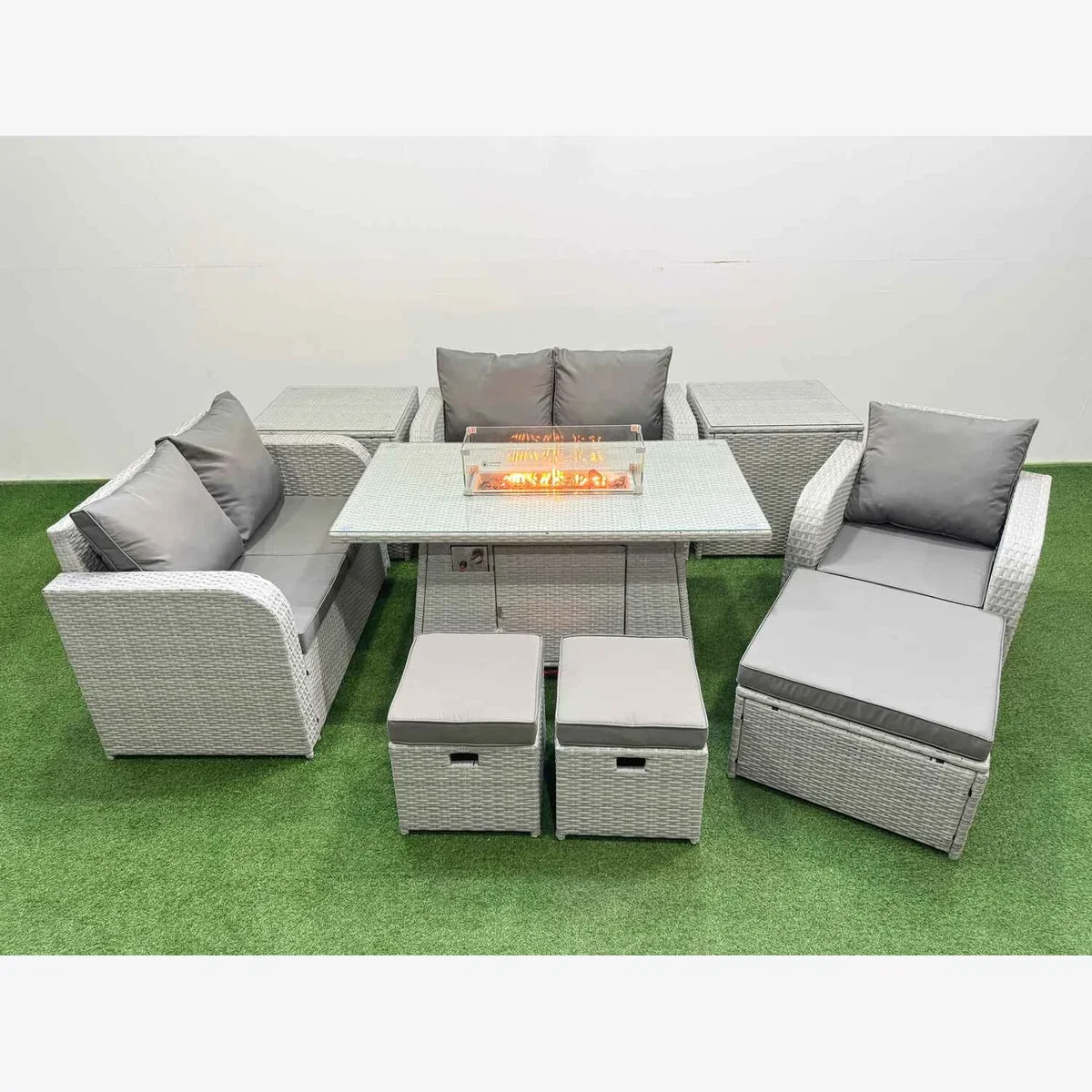 Fimous High-Back Rattan Patio Set with Recliner Loveseat and Firepit Light Grey - Light grey rattan with dark grey fabric – image 1