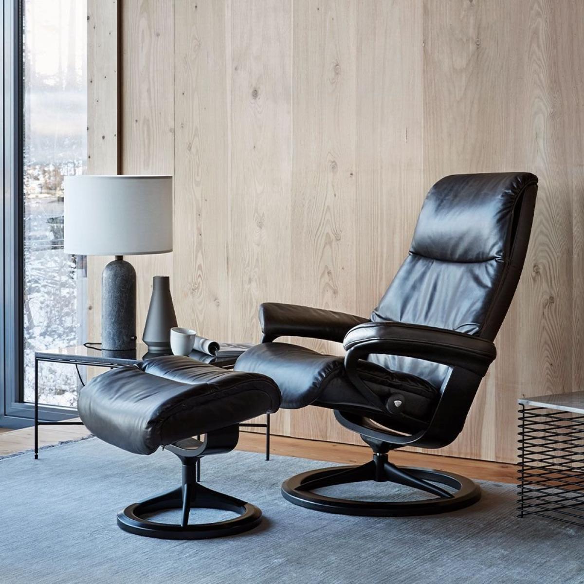 Stressless View Recliner With Signature Base and Footstool - Stressless Medium View Recliner With Signature Base Footstool in Fabric – image 2