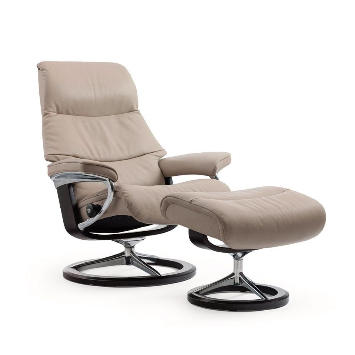 Stressless View Recliner With Signature Base and Footstool - Stressless Medium View Recliner With Signature Base Footstool in Fabric – image 4