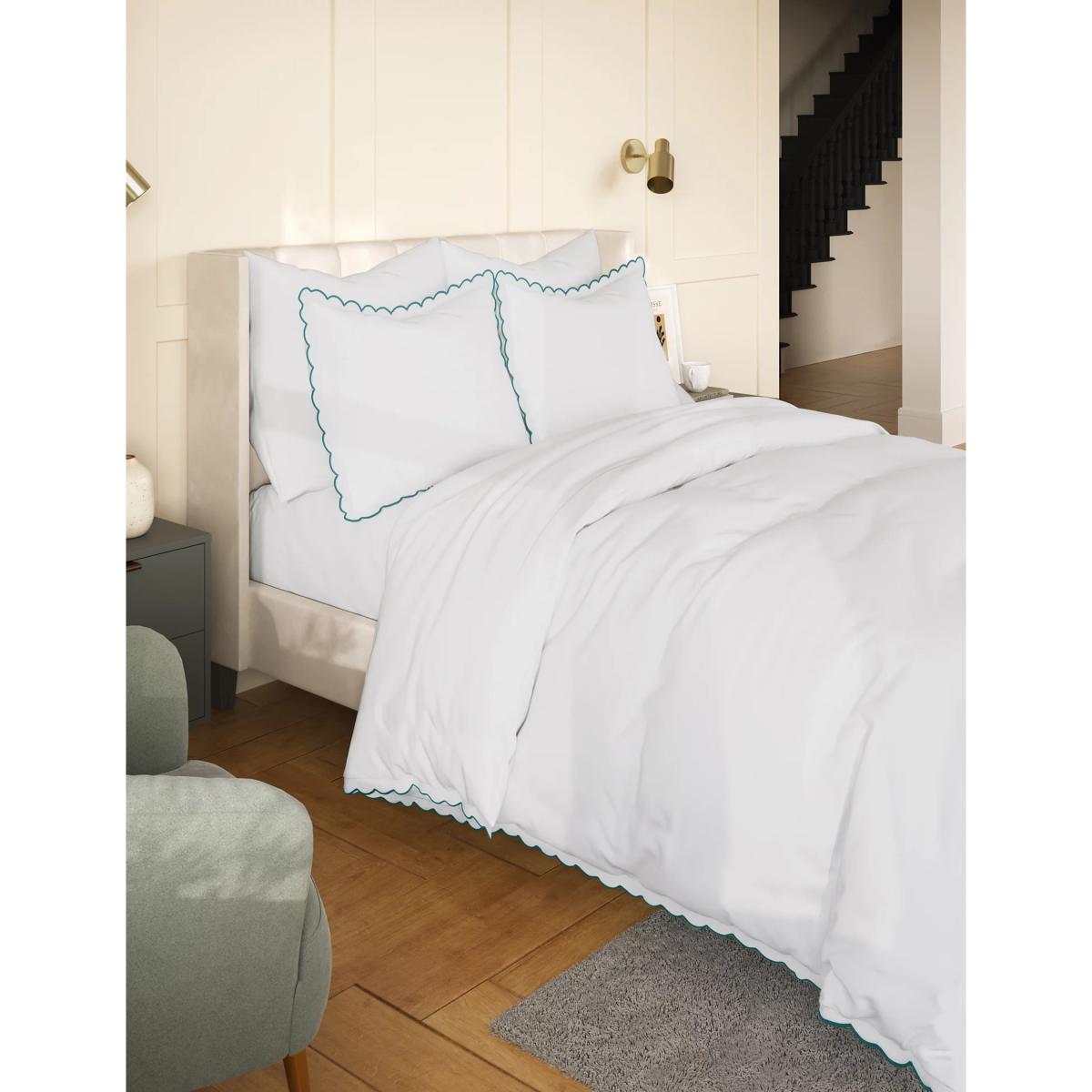 M&S Cotton Blend Scalloped Edge Bedding Set - SGL - Sea Green, Sea Green,Grey Mix – image 2