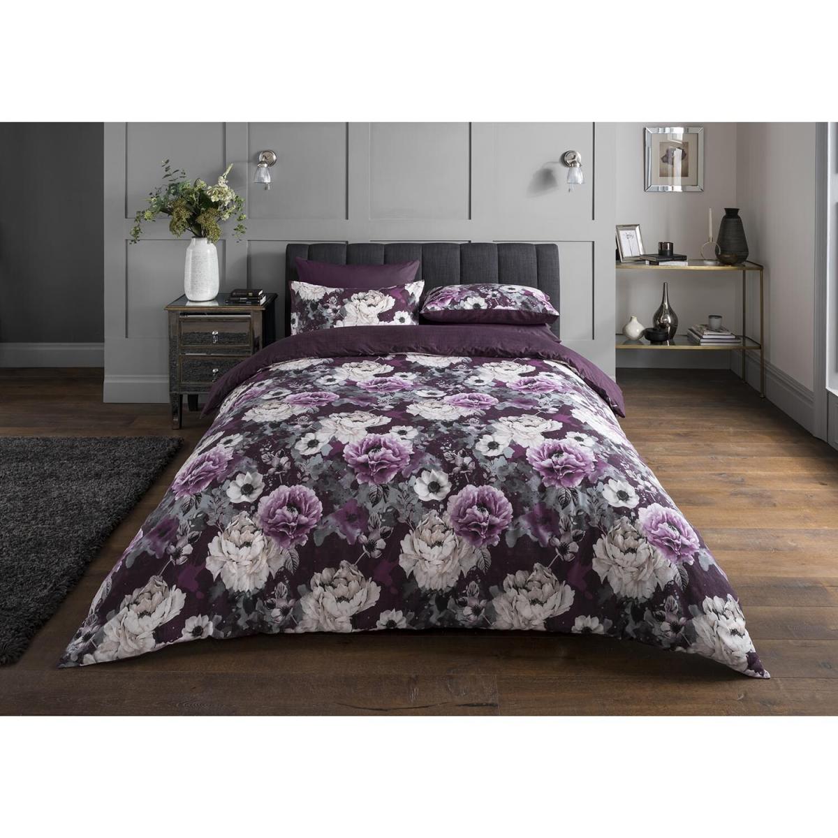 Inky Floral Purple Printed Duvet Cover and Pillowcase Set - Single – image 2