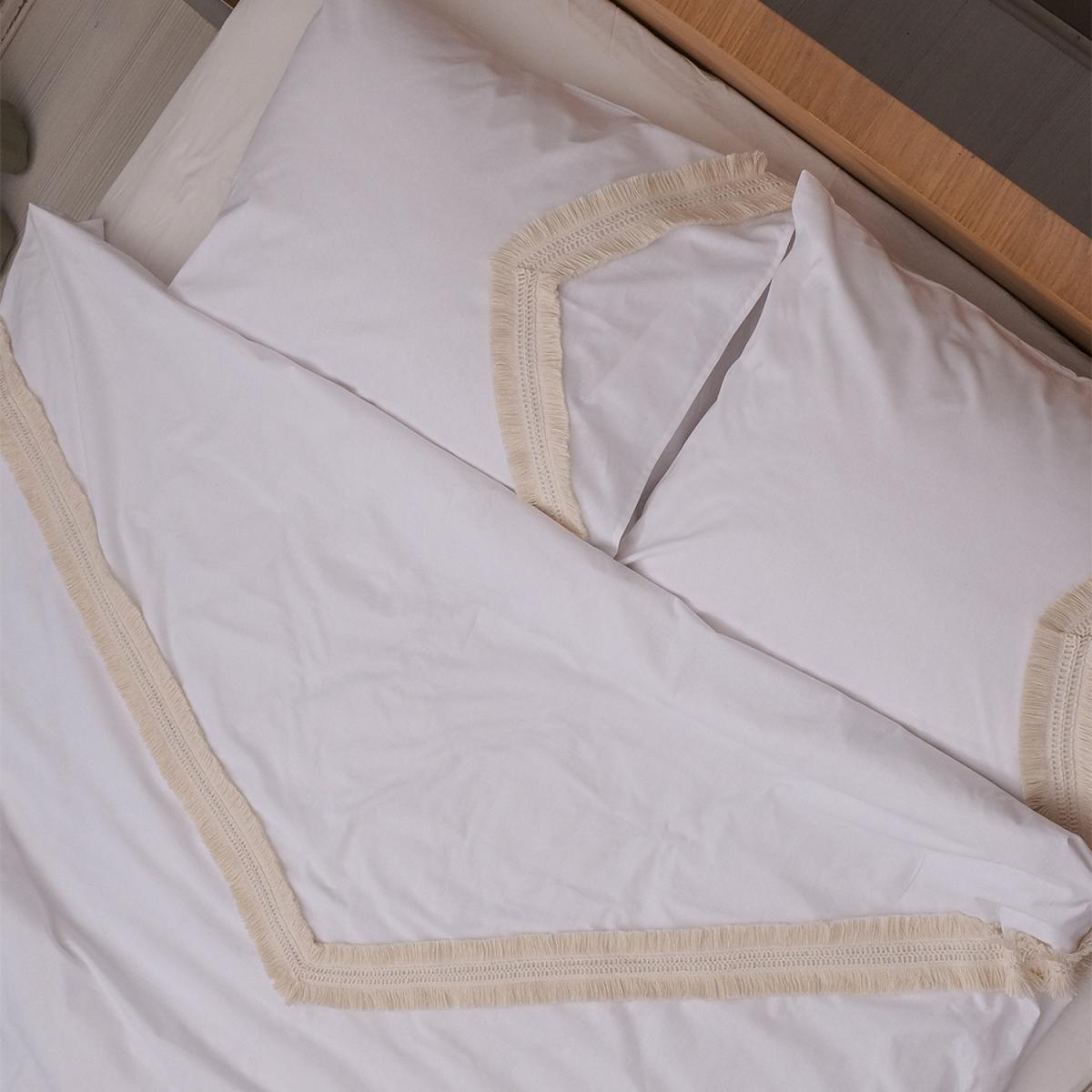 Tasseled Organic Cotton Duvet Cover and Pillowcase Set - White Cream - White - Cream / Single – image 2