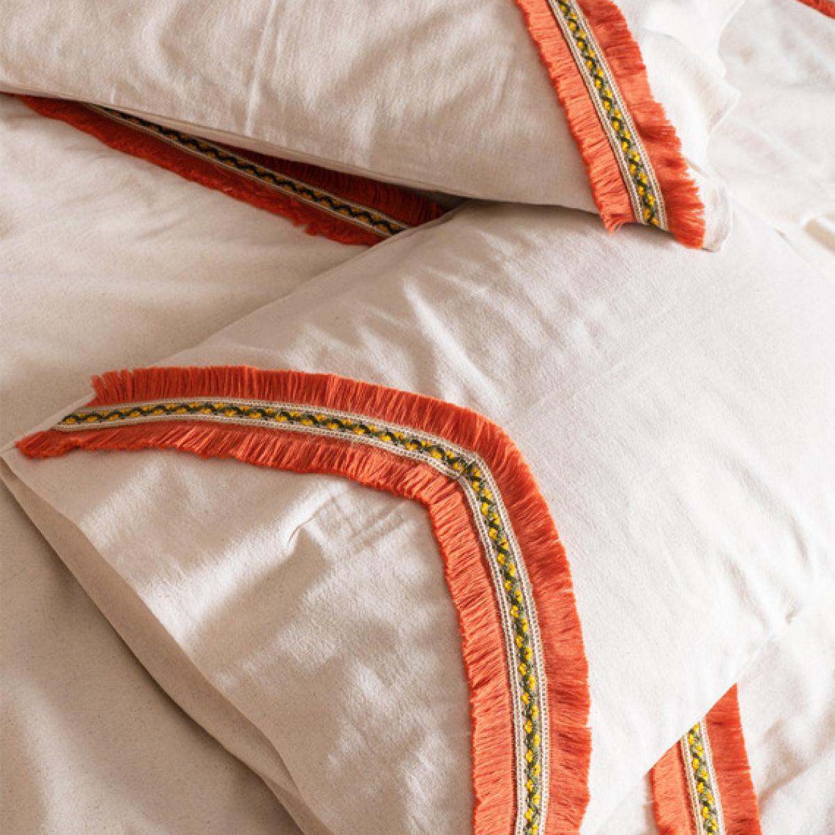 Organic Linen Tile Tasseled Double and Single Duvet Cover and Pillowcase Set - White - Orange / Single