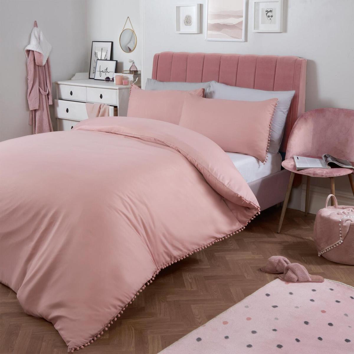 Dreamscene Pom Pom Trim Duvet Cover with Pillowcase Bedding Set - Pink / Single – image 2
