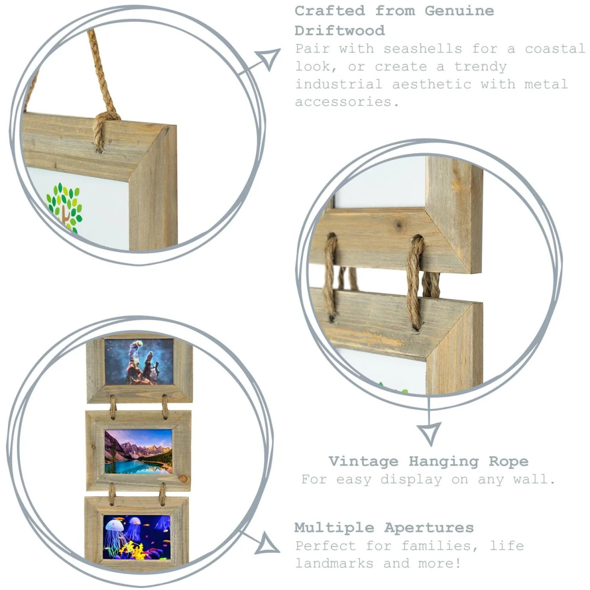 Rustic Wooden Hanging 5 Photo Frame - 6 x 4" - Natural - Pack of 5 - Brown – image 3