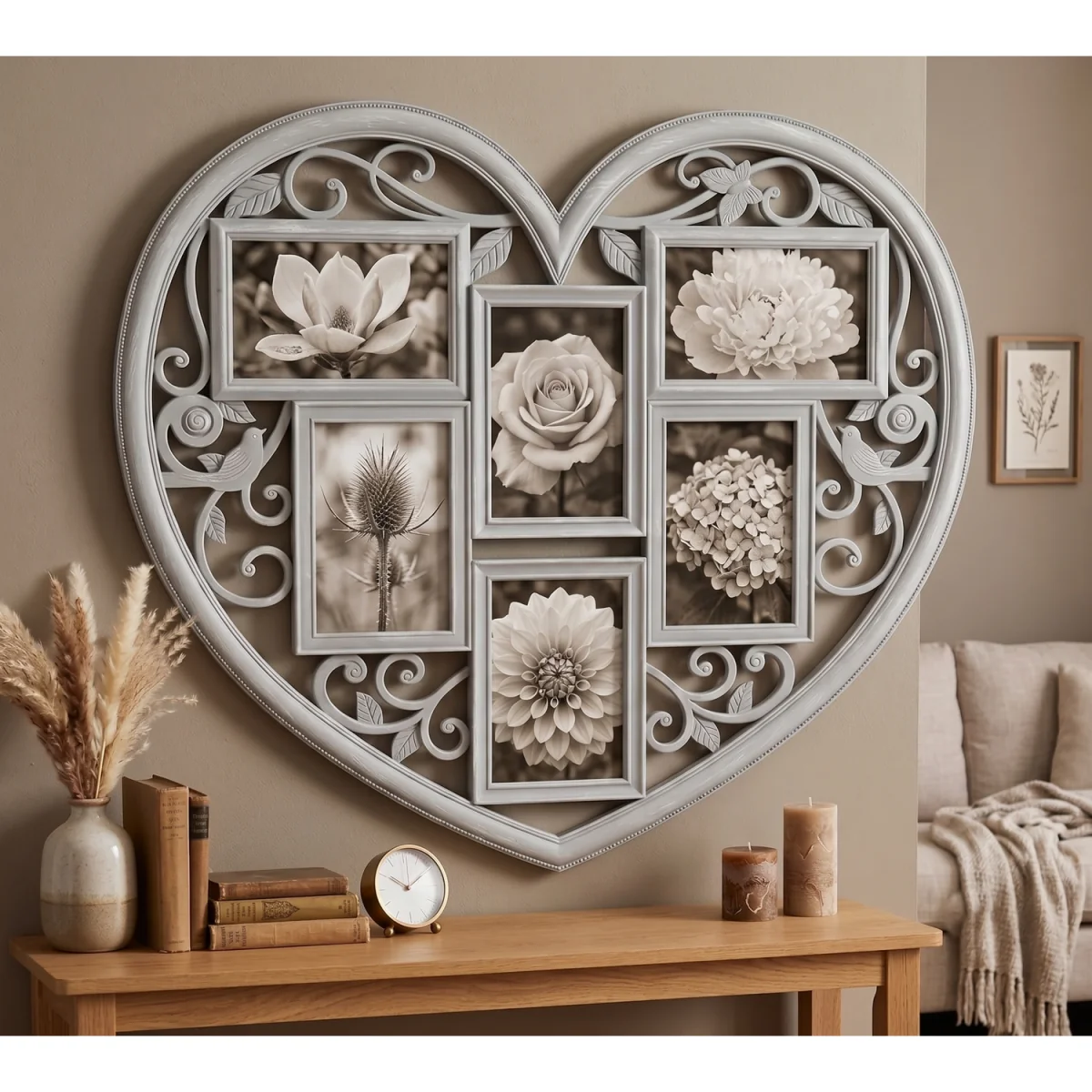 6 Multi Aperture Heart Shaped Vintage Black Photo Frame 58x52.5x1.7Cm - Grey Brushed White – image 2