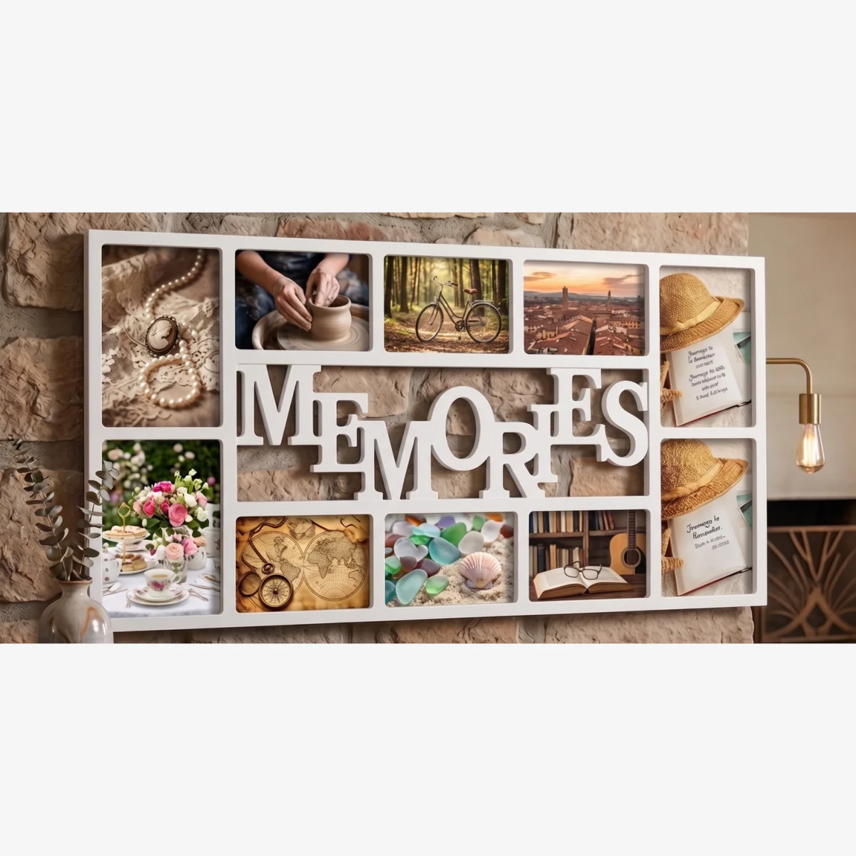 10 Multi-Aperture White Rectangle 'MEMORIES' Photo Frame 71.8x36.5Cm - Whitey