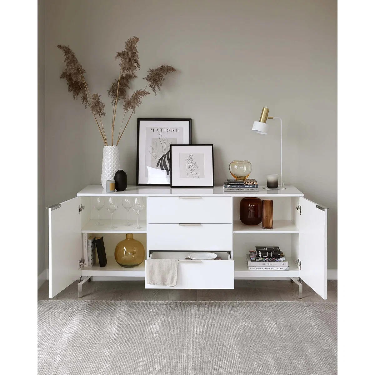Geo Large Matt White and Stainless Steel Textured Sideboard – image 2
