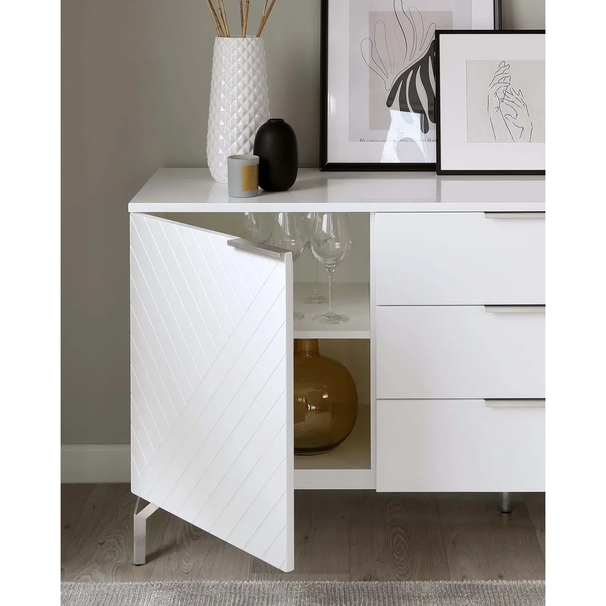 Geo Large Matt White and Stainless Steel Textured Sideboard – image 3